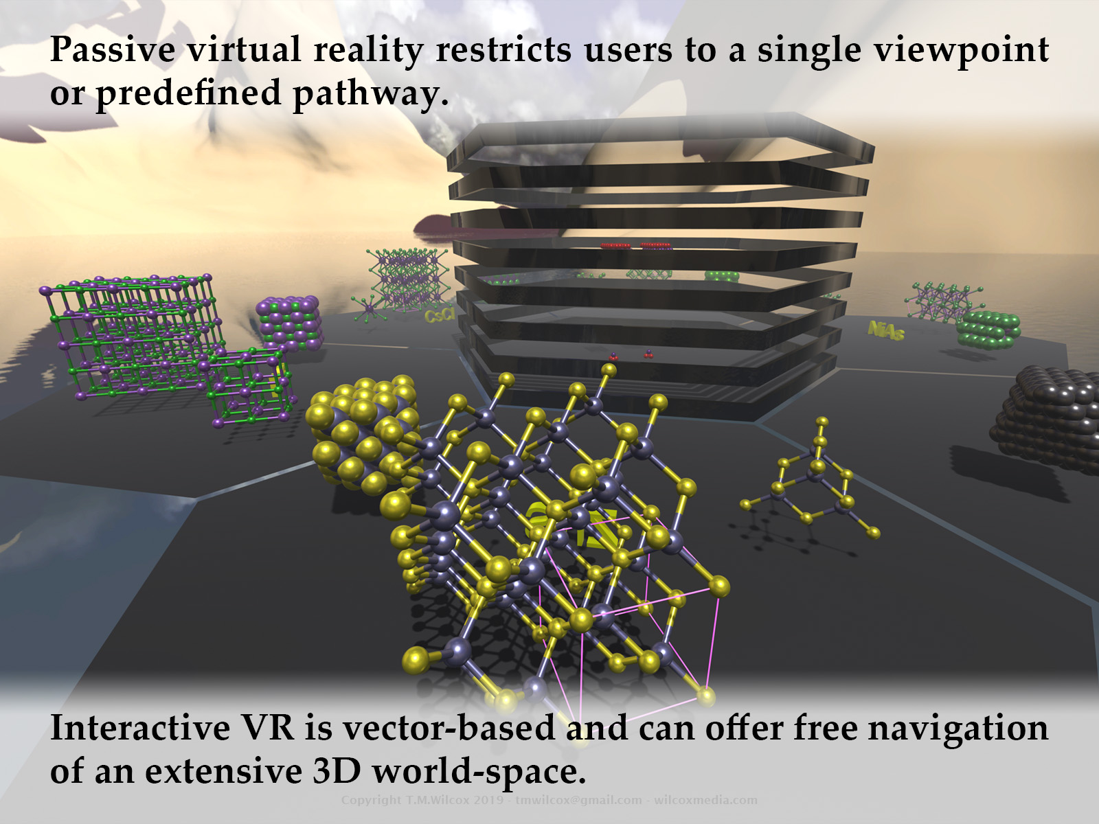 Passive virtual reality restricts users to a single viewpoint or predefined pathway. Interactive VR is vector-based and can offer free navigation of an extensive 3D world-space.