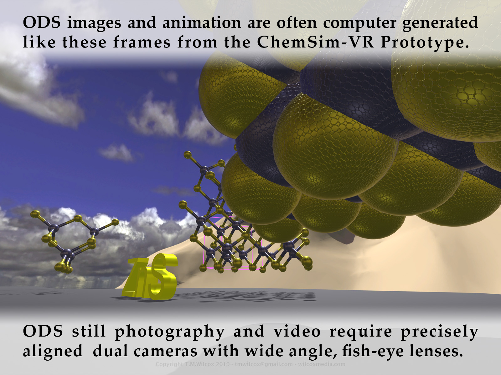 ODS images and animation are often computer generated like these frames from the ChemSim-VR Prototype. ODS still photography and video require precisely aligned  dual cameras with wide angle, fish-eye lenses.