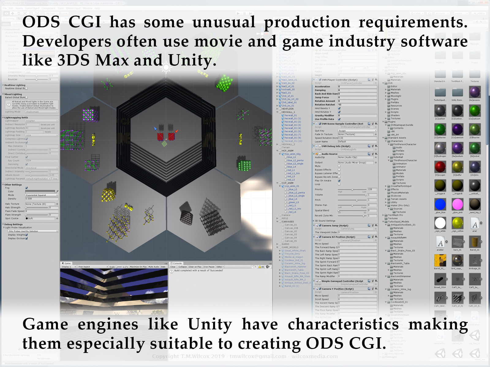 ODS CGI has some unusual production requirements. Developers often use movie and game industry software like 3DS Max and Unity. Game engines like Unity have characteristics making them especially suitable to creating ODS CGI.