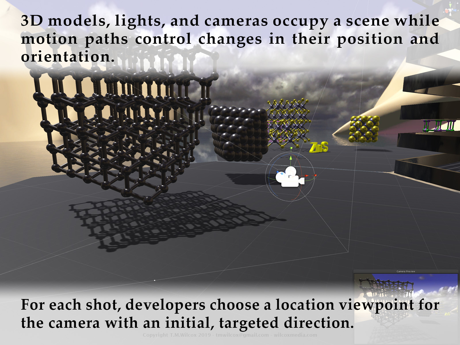 3D models, lights, and cameras occupy a scene while motion paths control changes in their position and orientation. For each shot, developers choose a location viewpoint for the camera with an initial, targeted direction.