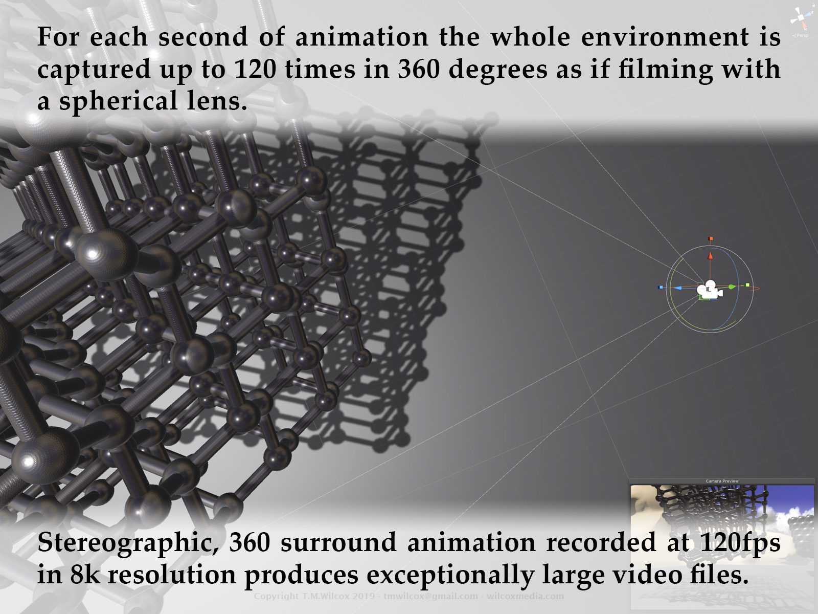 For each second of animation the whole environment is captured up to 120 times in 360 degrees as if filming with a spherical lens. Stereoscopic, 360 surround animation recorded at 120fps in 8k resolution produces exceptionally large video files.