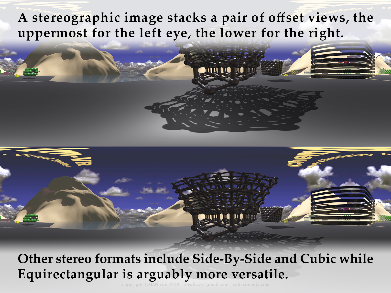 A stereographic image stacks a pair of offset views, the uppermost for the left eye, the lower for the right. Other stereo formats include Left/Right and Cubic while Equirectangular is arguably more versatile.