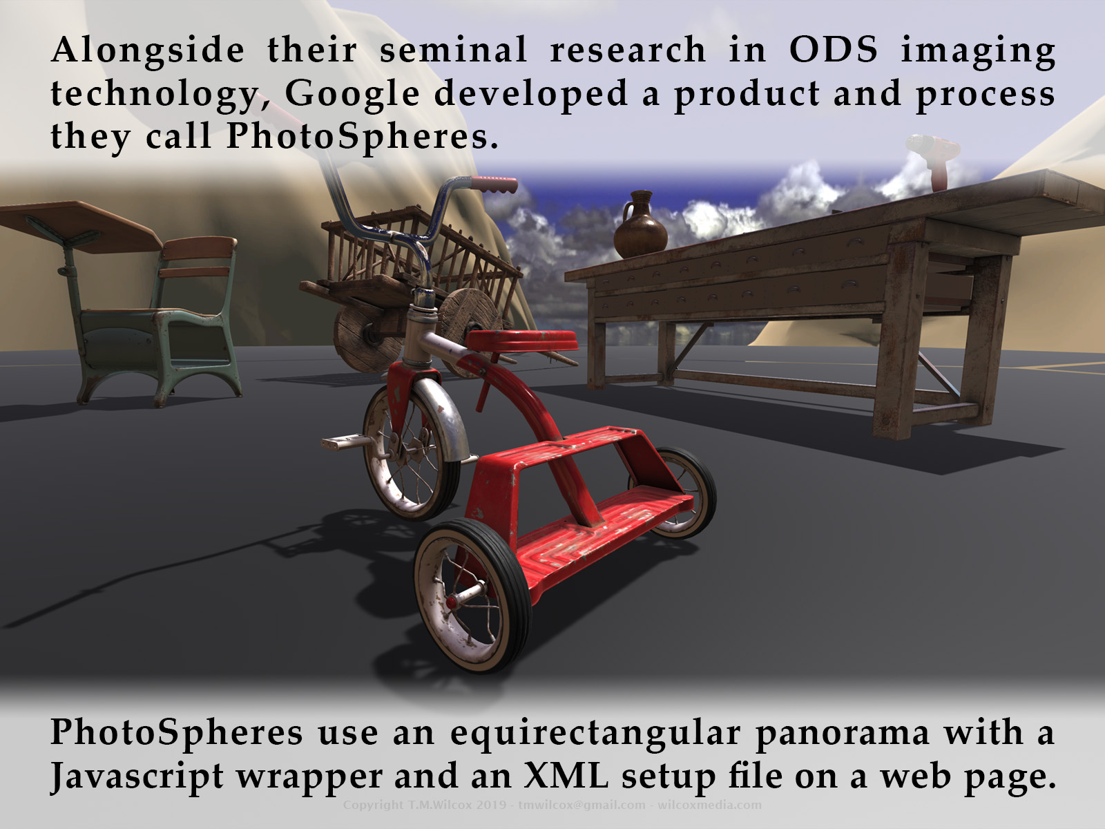 Alongside their seminal research in ODS imaging technology, Google developed a product and process they call PhotoSpheres. PhotoSpheres use an equirectangular panorama with a Javascript wrapper and an XML setup file on a web page.