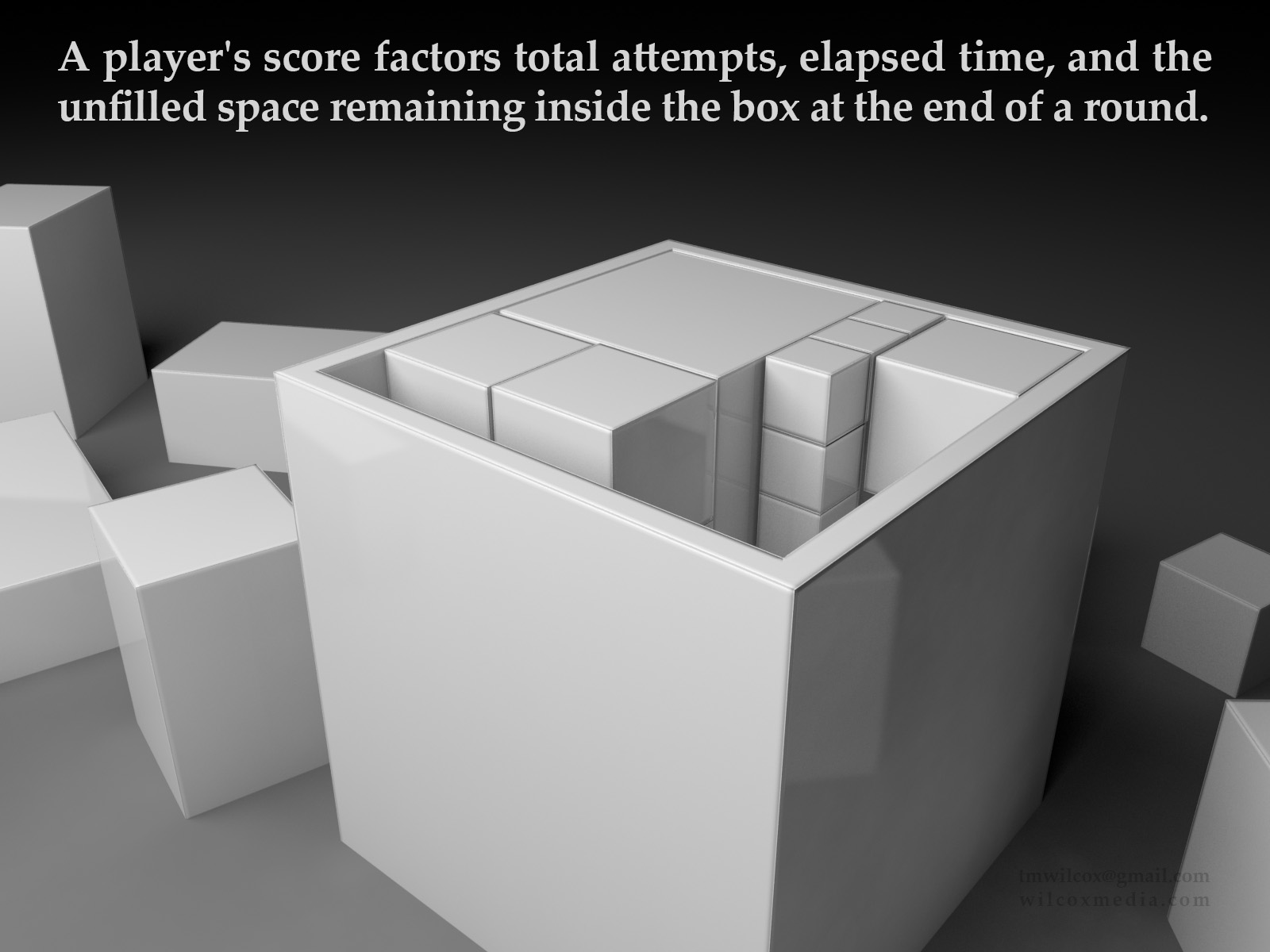 A player's score factors total attempts, elapsed time, and the unfilled space remaining inside the box at the end of a round.