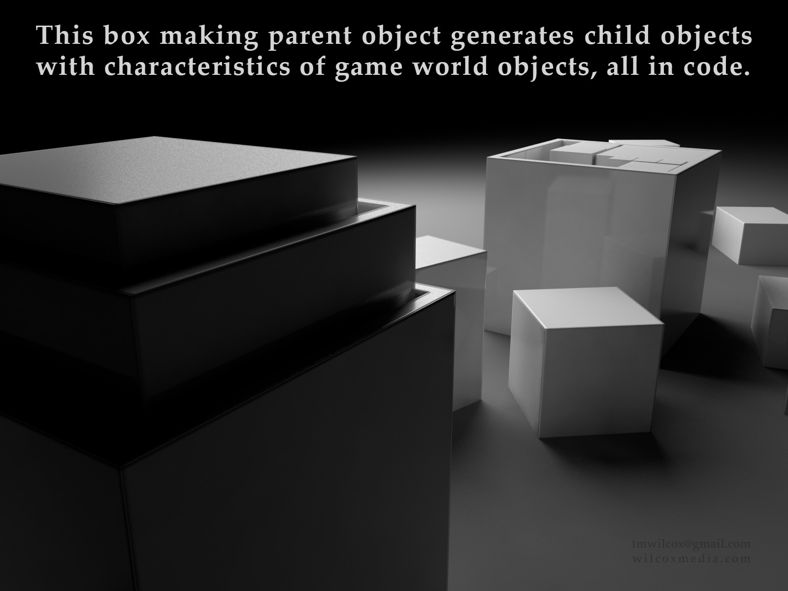 This box making parent object generates child objects with characteristics of game world objects, all in code.