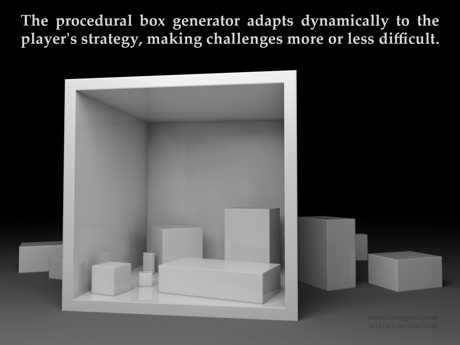 The procedural box generator adapts dynamically to the player's strategy, making challenges more or less difficult.