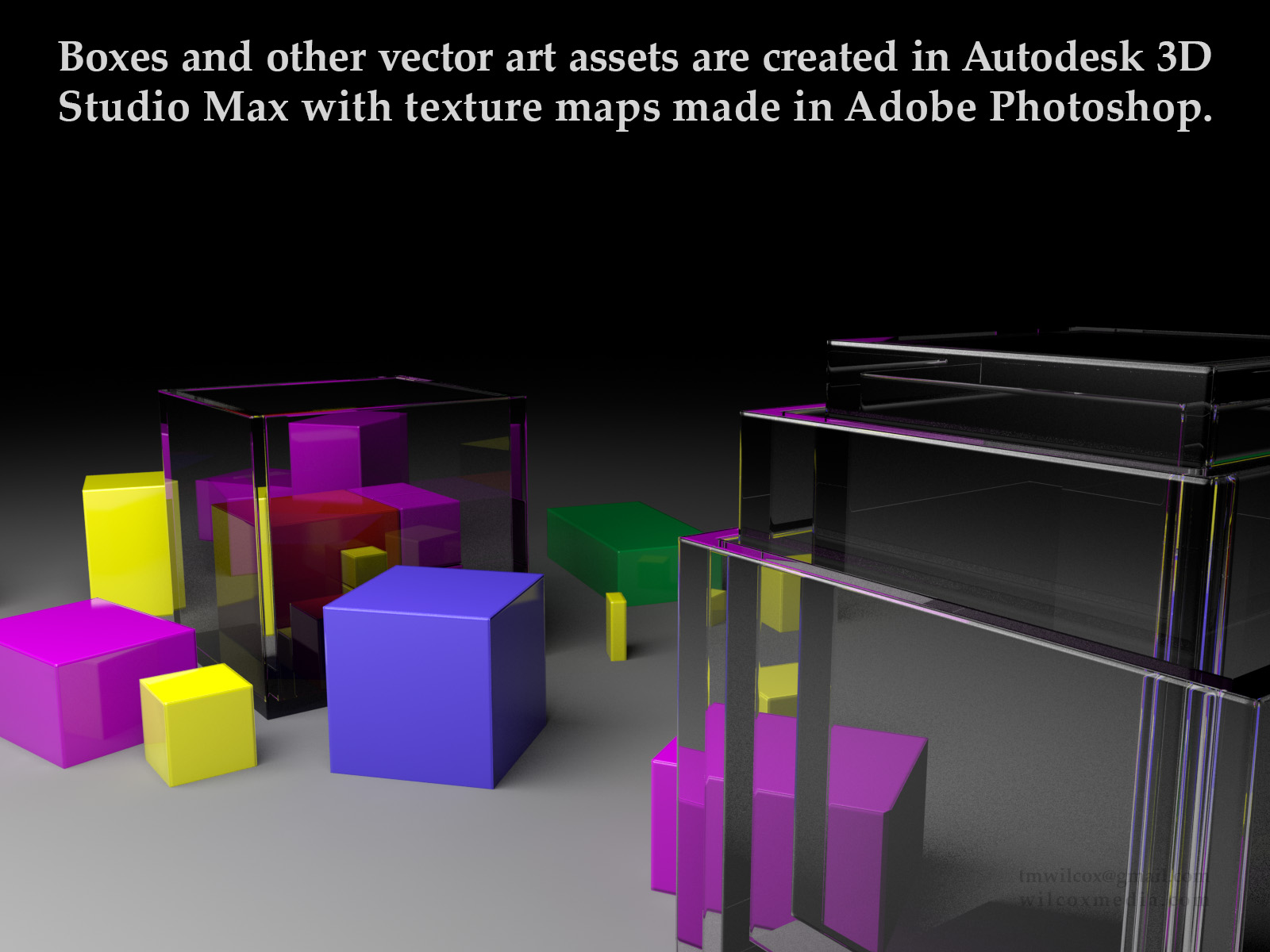 Boxes and other vector art assets are created in Autodesk 3D Studio Max with texture maps made in Adobe Photoshop.