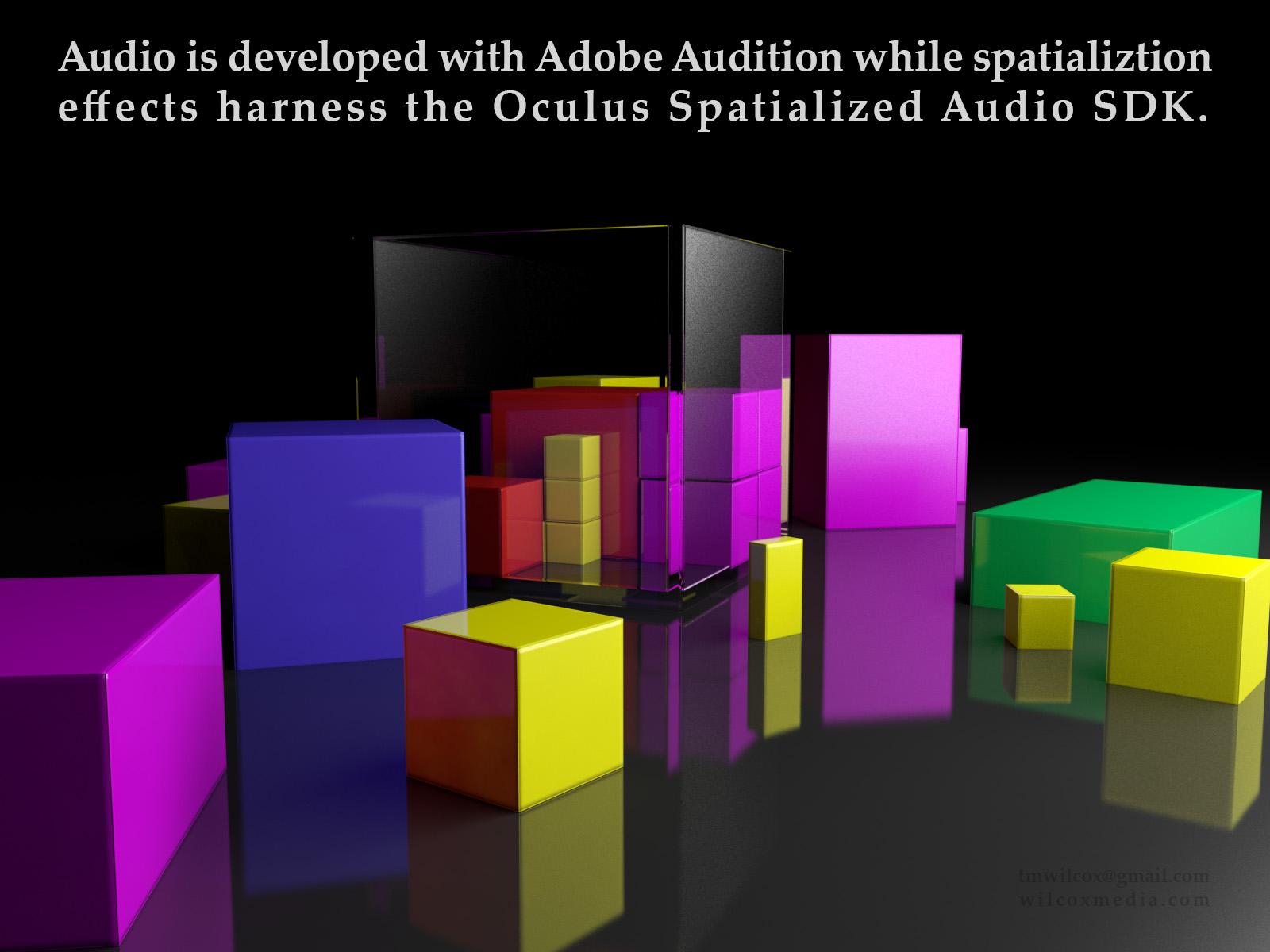 Audio is developed with Adobe Audition while spatializtion effects harness the Oculus Spatialized Audio SDK.