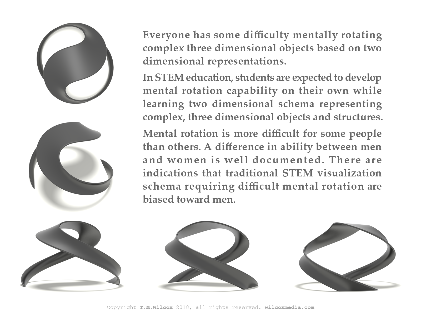 Everyone has some difficulty mentally rotating complex three dimensional objects based on two dimensional representations. In STEM education, students are expected to develop mental rotation capability on their own while learning two dimensional schema representing complex, three dimensional objects and structures. Mental rotation is more difficult for some people than others. A difference in ability between men and women is well documented. There are indications that traditional STEM visualization schema requiring difficult mental rotation are biased toward men.