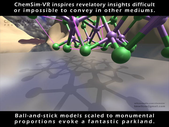 ChemSim-VR inspires revelatory insights difficult or impossible to convey in other mediums. Ball-and-stick models scaled to monumental proportions evoke a fantastic parkland.