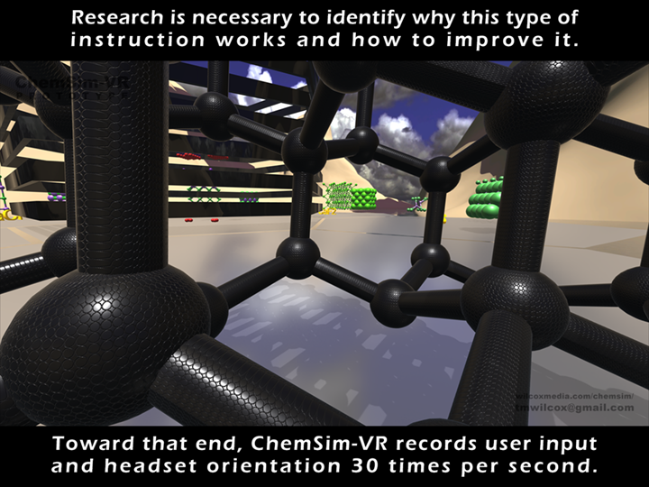 Research is necessary to identify why this type of instruction works and how to improve it. Toward that end, ChemSim-VR records user input and headset orientation 30 times per second.